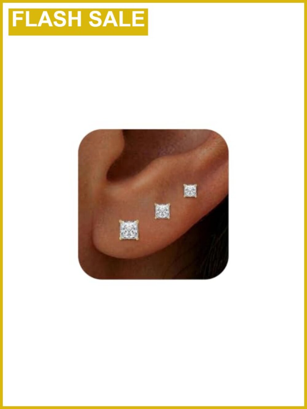 14K Gold Plated CZ Stud Earrings Set 3 Pair Square